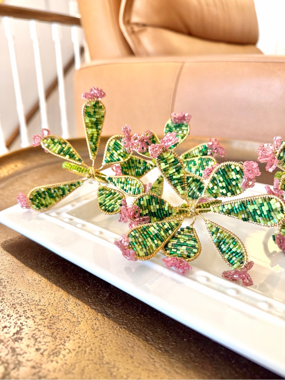 Set of 5 Hand-Beaded Cactus Napkin Rings | Pink & Green Southwest Table Decor